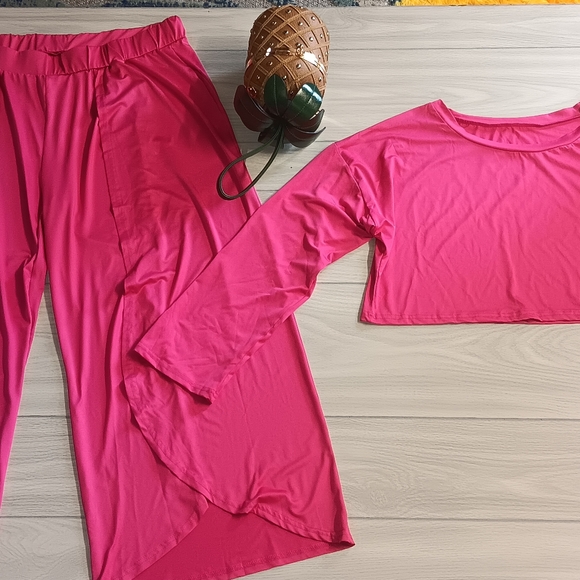 Plus Size Women Solid Color Off-Shoulder Long Sleeve Blouse And Slit Pants suite - Picture 4 of 16